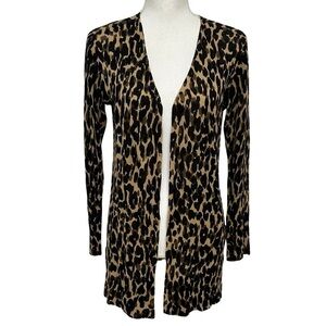 HALOGEN Leopard Print Linen Blend Long Line Cardigan SZ XS Long Sleeve NWT $69